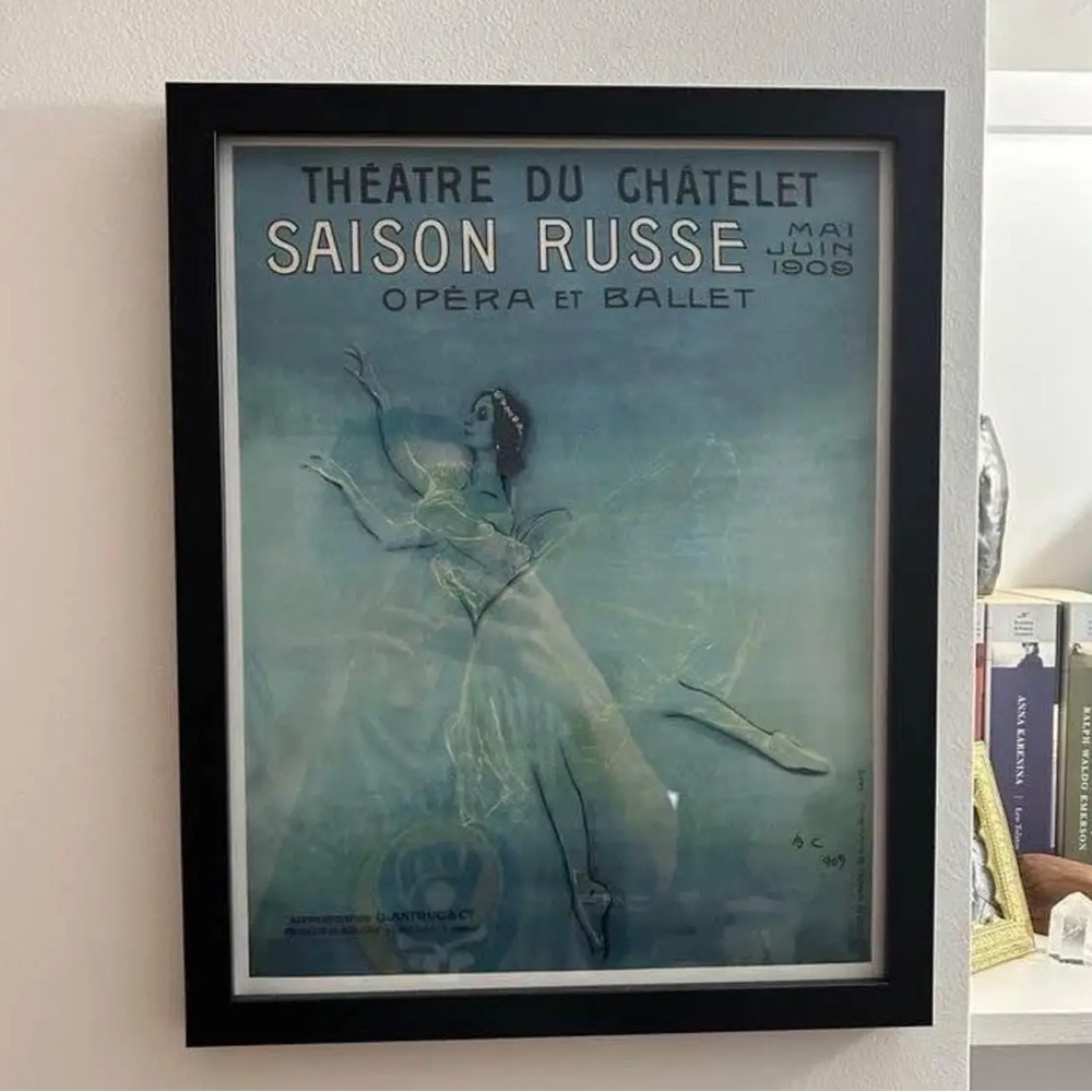 Framed 12”x15” French ballet 1909 Saison Russe blue ad print with Anna Pavlova